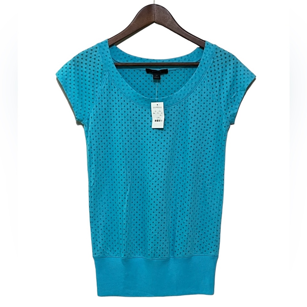 NWT‎ Y2K Express Blue Sheer Polka Dot Blouse Top Womens XS Short Sleeve Preppy